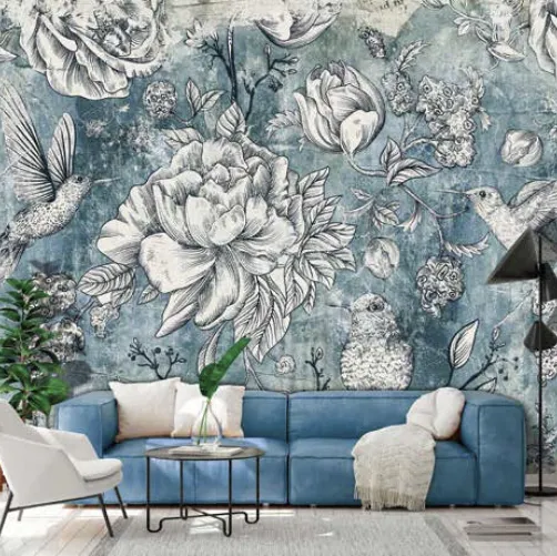Carta da parati con composizione a inchiostro Flowers design CP0278 di Pintdecor