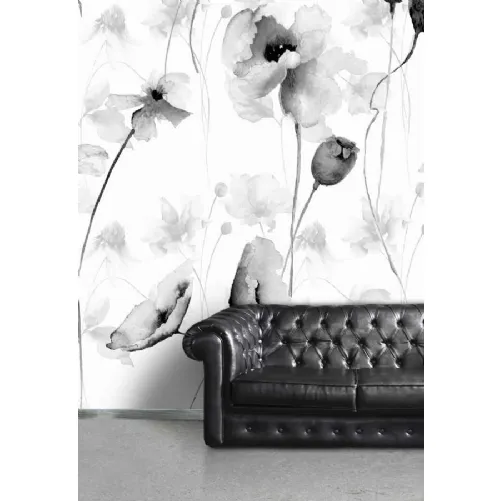 Carta da parati Grafiche Floreali CP0126 con papaveri acquarellati in bianco e nero di Pintdecor