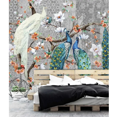 Carta da parati Oriental Birds CP0284 con pavoni e fiori di Pintdecor