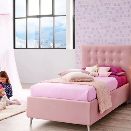 Letto singolo in velluto color rosa con imbottitura in capitonnè SC201 di Moretti Compact