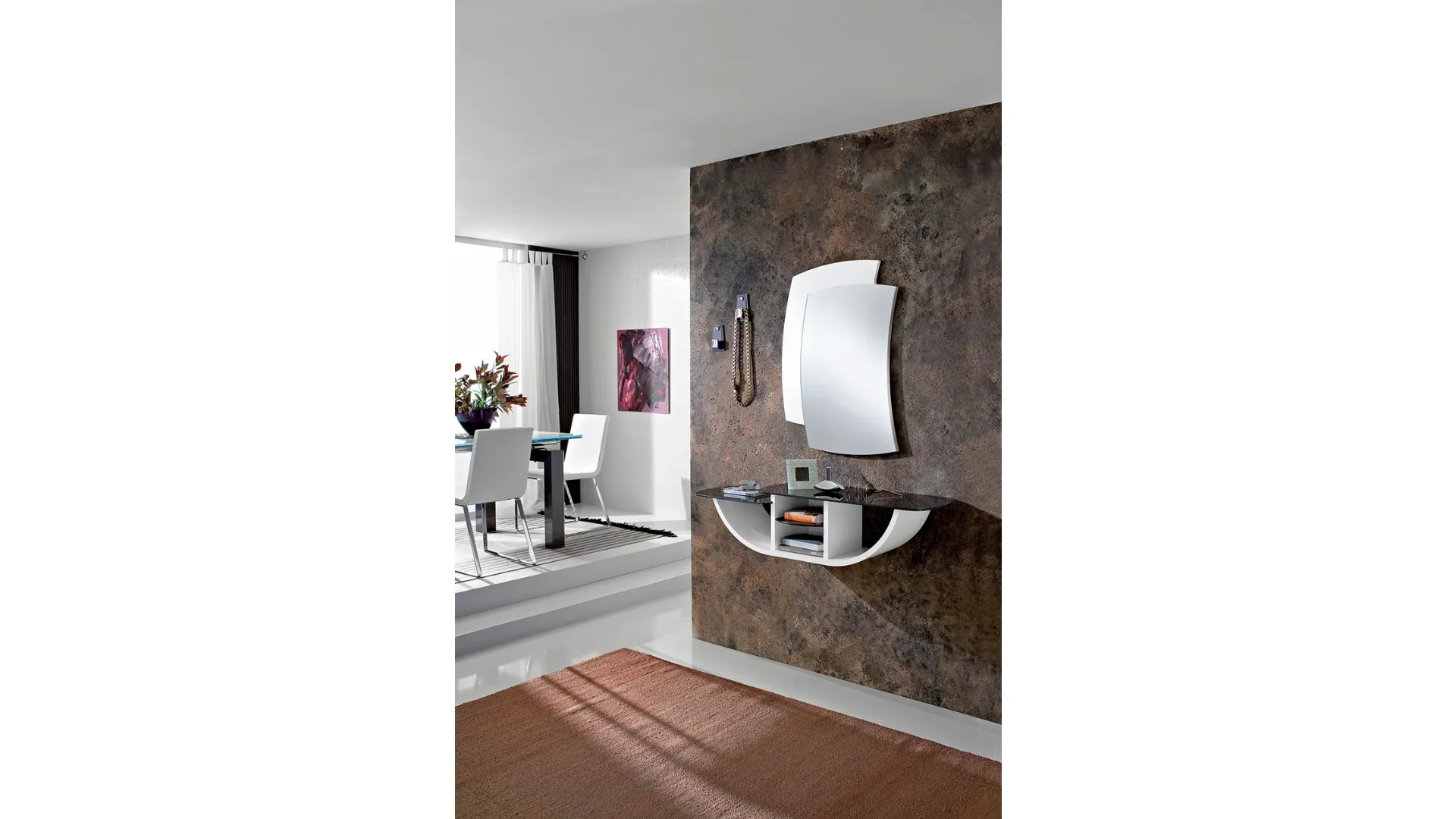 Mobile ingresso sospeso con piano in vetro e struttura in legno curvato laccato opaco Gondola di La PrimaveraMobile ingresso sospeso con piano in vetro e struttura in legno curvato laccato opaco Gondola di La Primavera