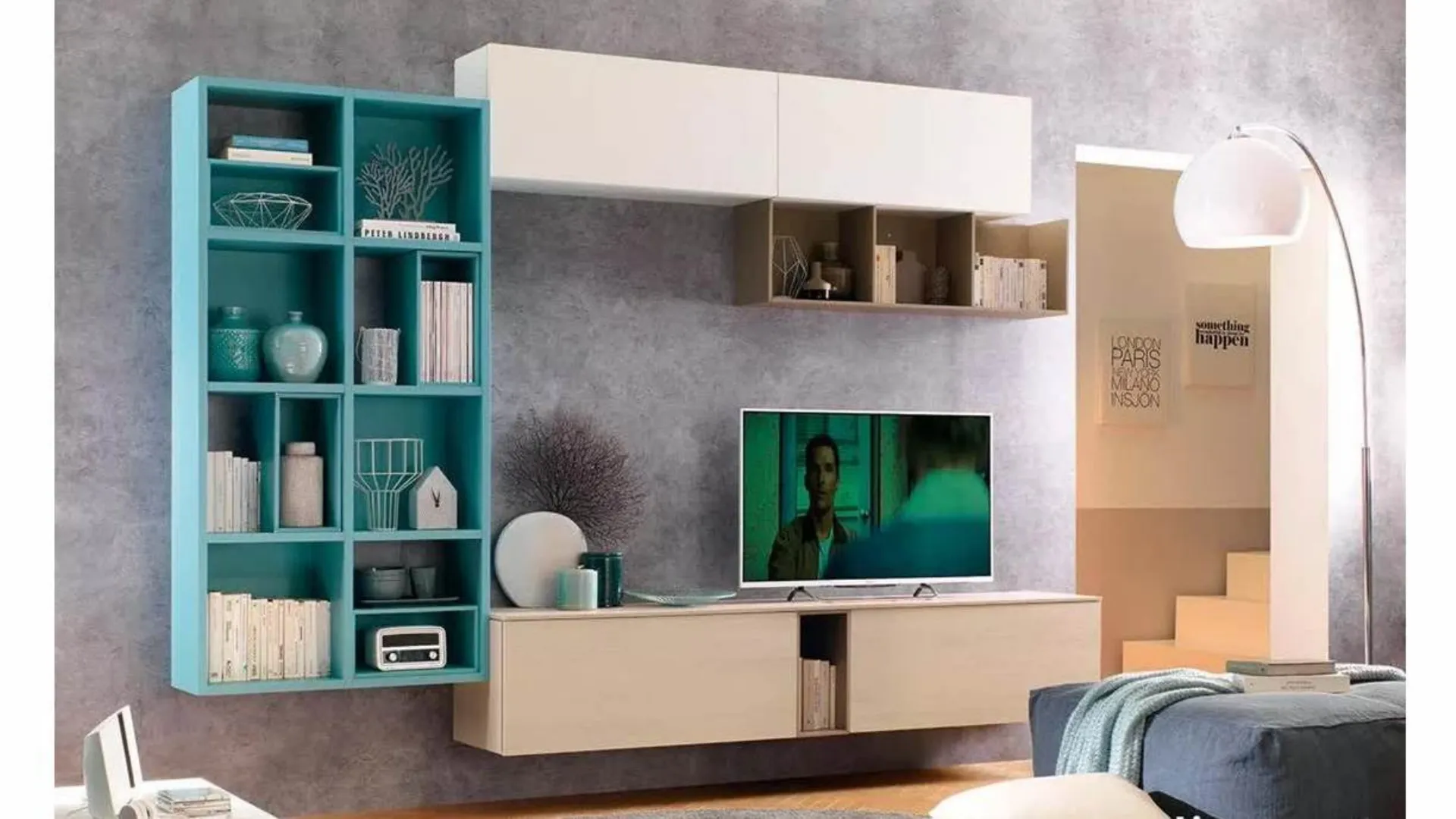 Parete attrezzata sospesa con libreria LV114 di Moretti Compact